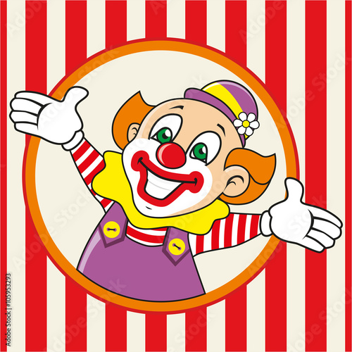 Happy clown meets guests. Vector illustration.
