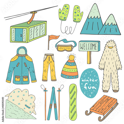 Cute hand drawn doodle winter sport objects collection