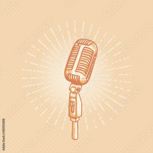 Retro golden microphone. Hand drawn retro illustration with sunburst. Suitable for banner, ad, t-shirt design. Vintave design element
