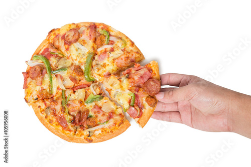 hand holding tasty flavorful pizza isolated on white