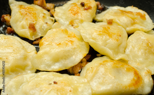 Fried dumplings with cottage cheese on a plate close-up