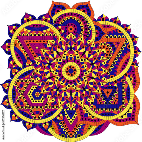 Round pattern with seven chakras. Oriental ornaments for banners, cards and or for your design. Buddhism decorative elements. Yellow, orange and blue colors. Vector illustration.