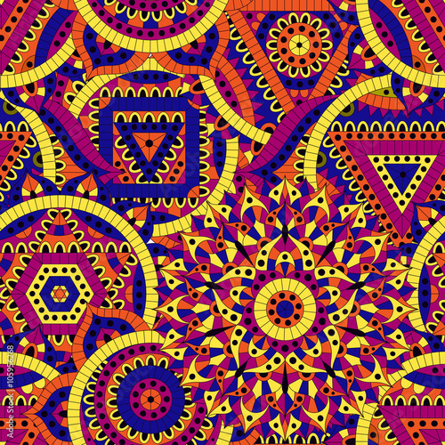 Seamless pattern with seven chakras. Oriental ornaments for banners, cards and or for your design. Buddhism decorative elements. Yellow, orange and blue colors.  Vector illustration.