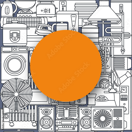 Background made of home appliances and round text place. Oven and toaster, fridge and freezer, stove and dishwasher. Contour icons. Info graphic elements. Modern material design. Vector illustration 