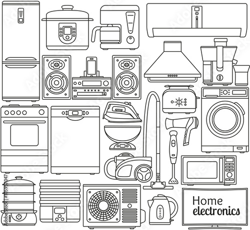 Set of line icons. Home appliances. Oven and toaster, fridge and freezer, stove and dishwasher. Contour icons. Info graphic elements. Simple design. Isolated on the white. Vector illustration 