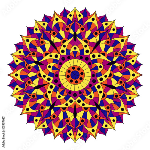 Pattern with chakra manipura. Oriental ornaments for banners, cards and or for your design. Buddhism decorative elements. Yellow, orange and blue colors. Vector illustration.