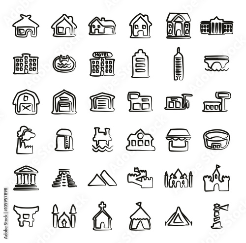 Buildings Icons Freehand 