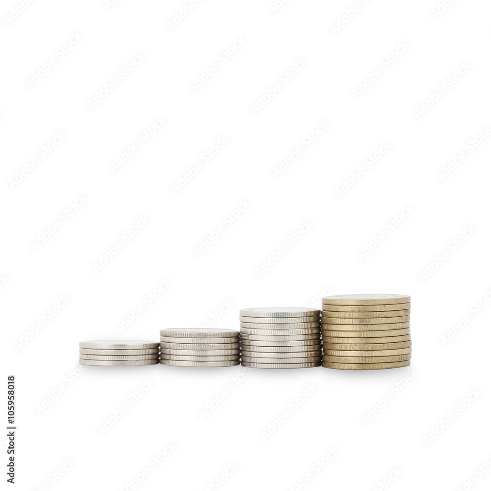 row of coin money on white background. row of coin money on white background.