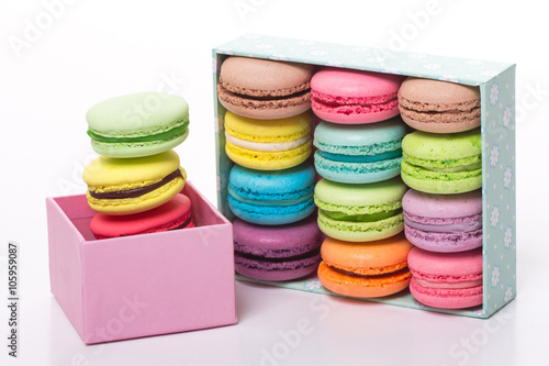 Collection of brightly colored French macarons are in a holiday