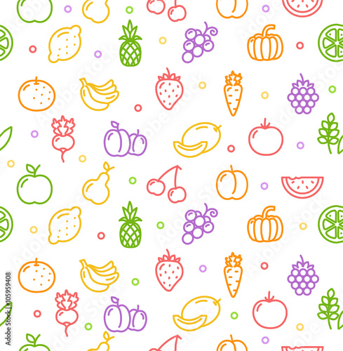 Fototapeta Naklejka Na Ścianę i Meble -  Fruits and Vegetables Background Pattern. Vector