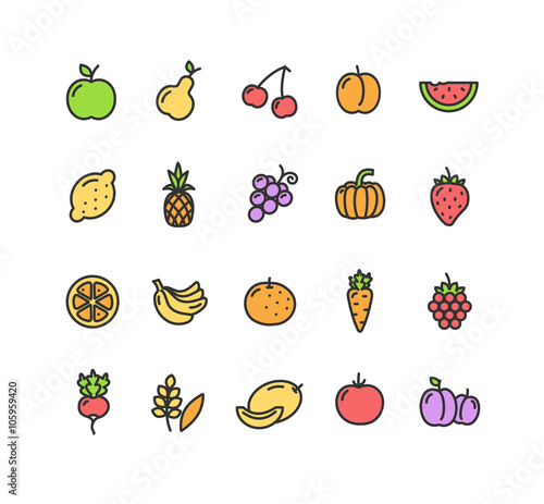 Fruits and Vegetables Icon Set. Vector