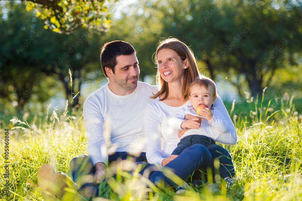 Fototapeta premium Parents holding their little son, sitting on the grass