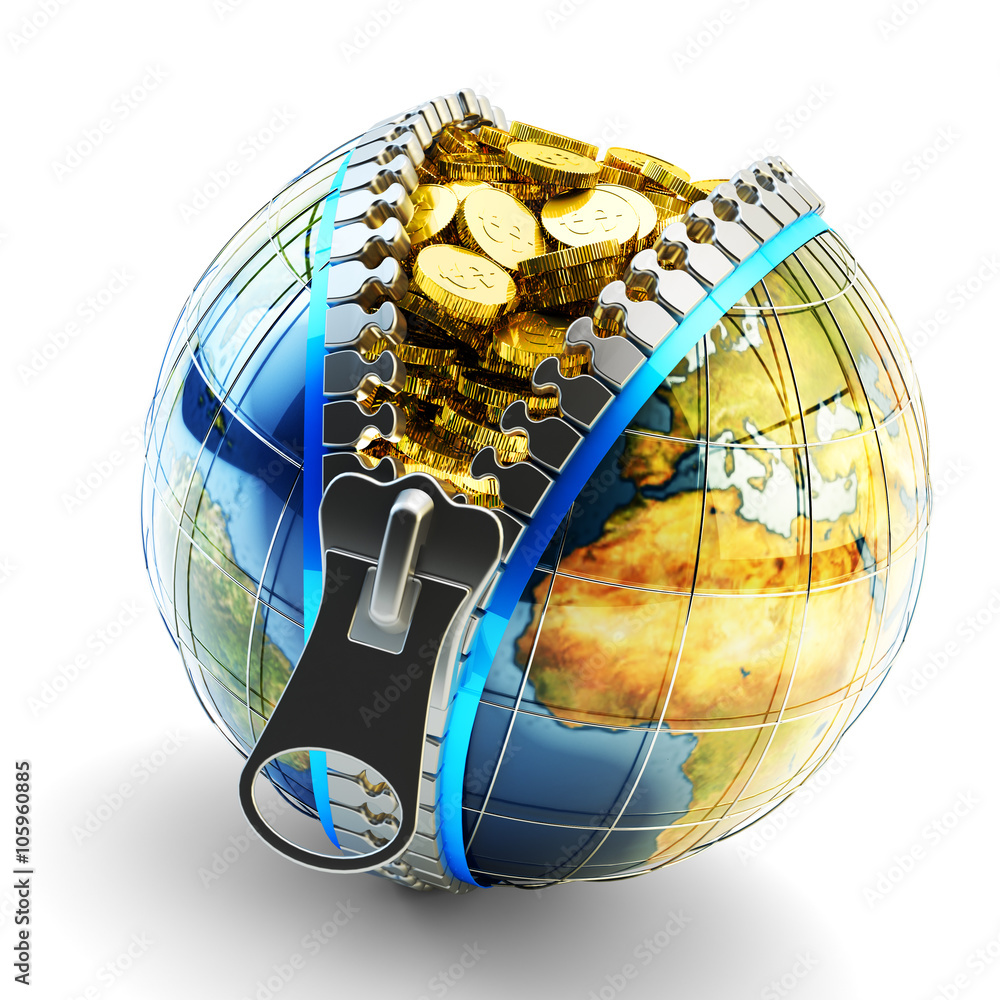 Electronic money, digital cash, online wallet and internet business  concept, Earth globe with zipper full of gold coins isolated on white  Illustration Stock | Adobe Stock