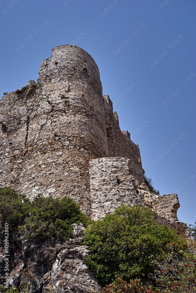 The stone ruins of a medieval castle of the Order of the Knights on the island of Rhodes.