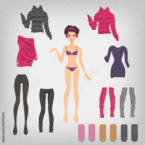 Vector dress up paper doll with an assortment of winter clothes