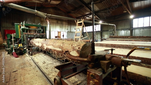 Woodshop. View of working machine and treated wood
