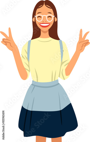 funny girl with glasses shows a finger victory sign