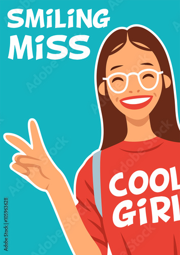 funny schoolgirl in glasses showing thumbs up sign poster victory