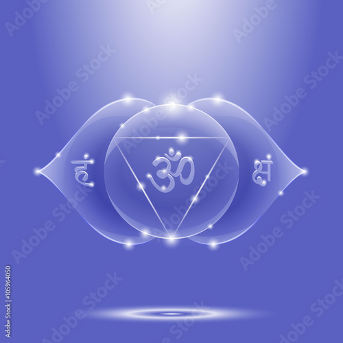 Vector illustration ajna. Chakra glossy icon. The concept of blue third eye chakra for design at India stile.