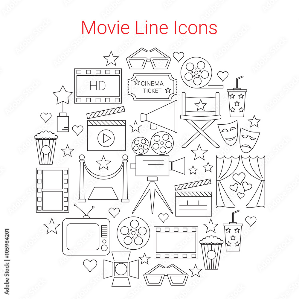 Movie Vector Line Icons set Circular Shaped. Cinema symbols. Movie camera, filmstrip, clapperboard, popcorn.