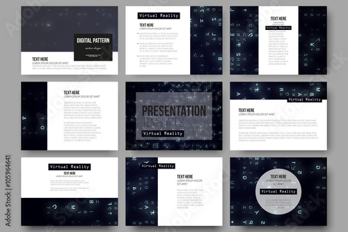 Set of 9 templates for presentation slides. Virtual reality, abstract technology background with blue symbols, vector illustration.