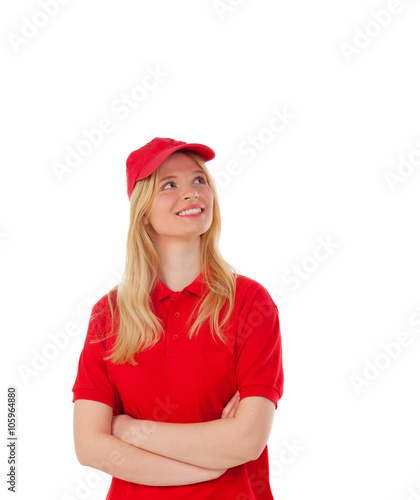 Young blond woman dressed dealer with red uniform