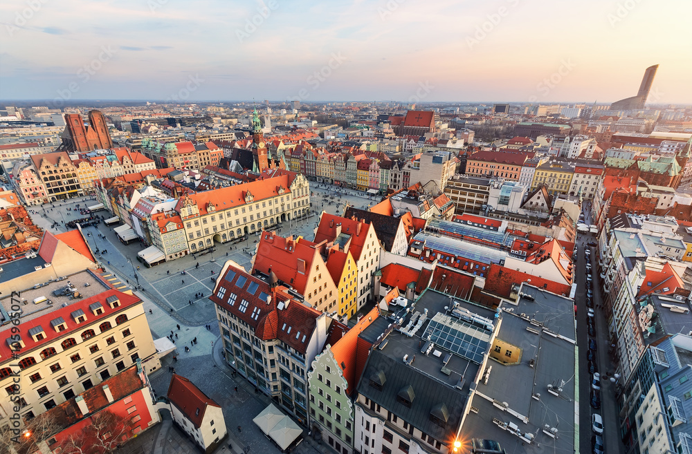 Panorama of the central part of Wroclaw city at sunset