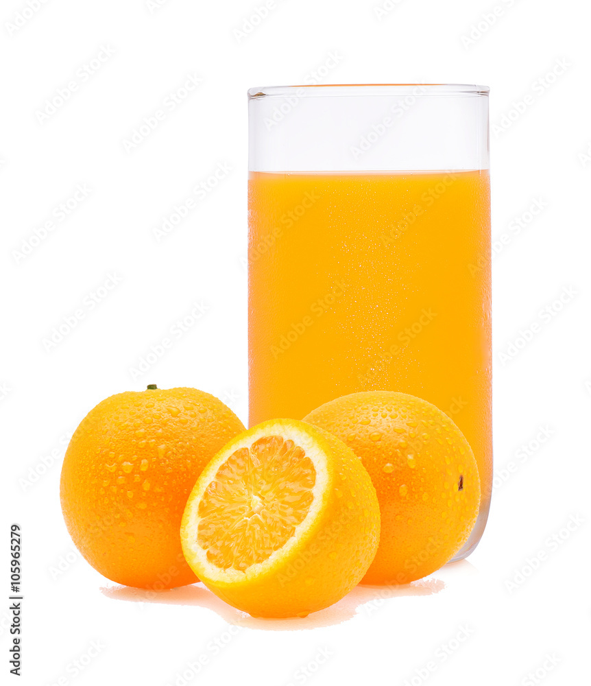 Orange juice and slices of orange isolated on white Orange juice and slices of orange isolated on white