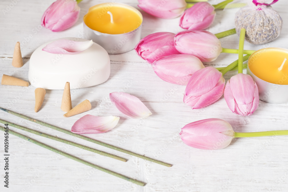 Candles,tulips, soap and incense sticks Candles,tulips, soap and incense sticks
