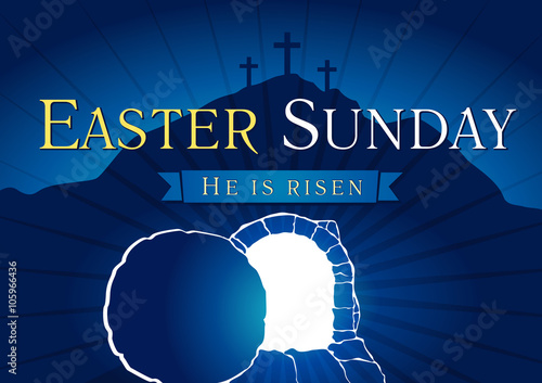 Easter Sunday Holy Week tomb and cross card. Template invitation to an Easter Sunday service in the form of rolled away from the tomb stone on a background of Calvary with three crosses 