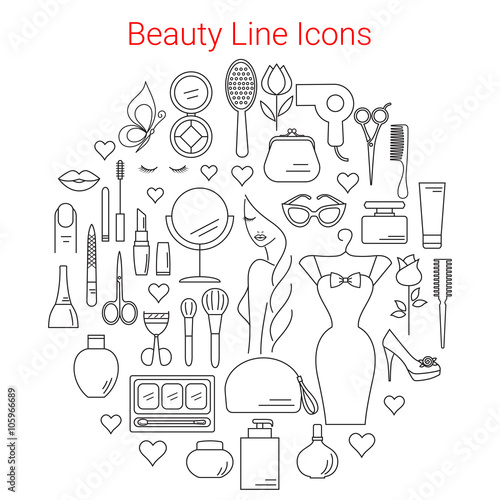 Beauty, Cosmetic and Makeup Vector Line Icons Set Circular Shaped . Beauty logo design elements. Symbols and icons for fashion, beauty salon, spa, hairdressers or wellness centers. Women accessories