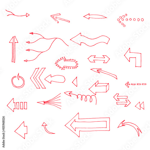 Set of vector hand drawn red arrows icons on white.