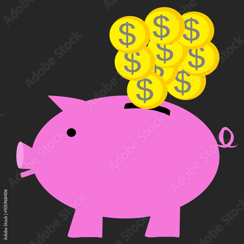 A pink piggy bank with coins and a dark background