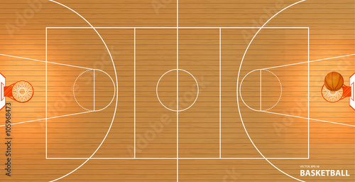 Vector illustration a basketball court, top view, a ball in a basket, space for text,  lorem ipsum © flyintospace