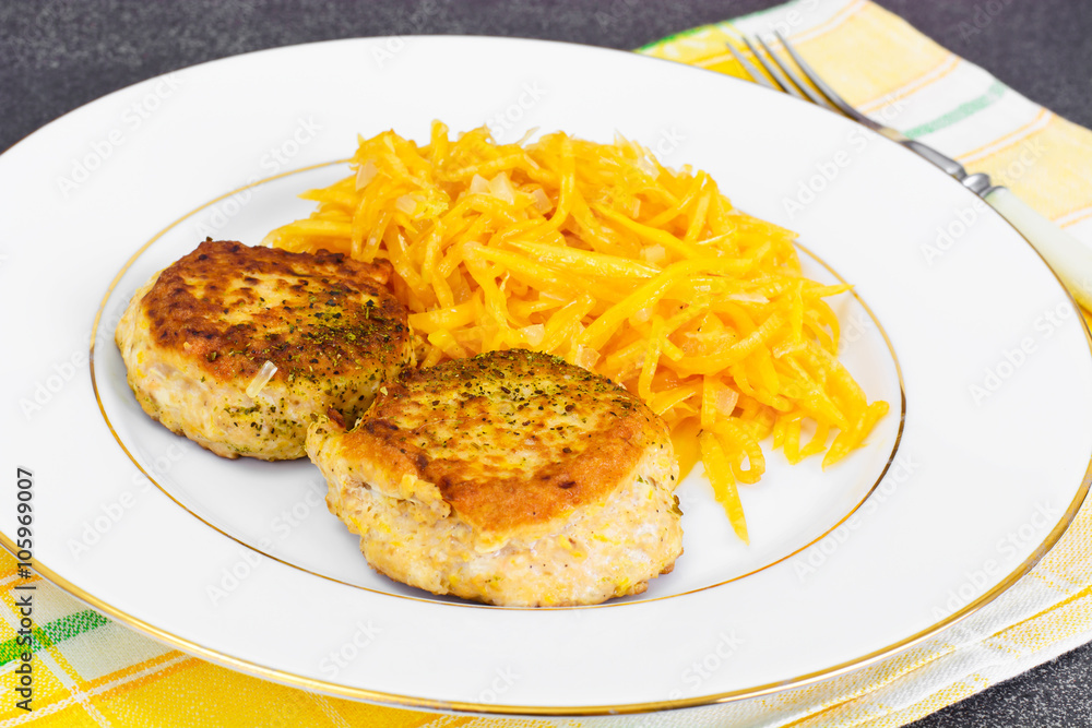 Cutlets from Salmon with Fresh Pumpkin Salad