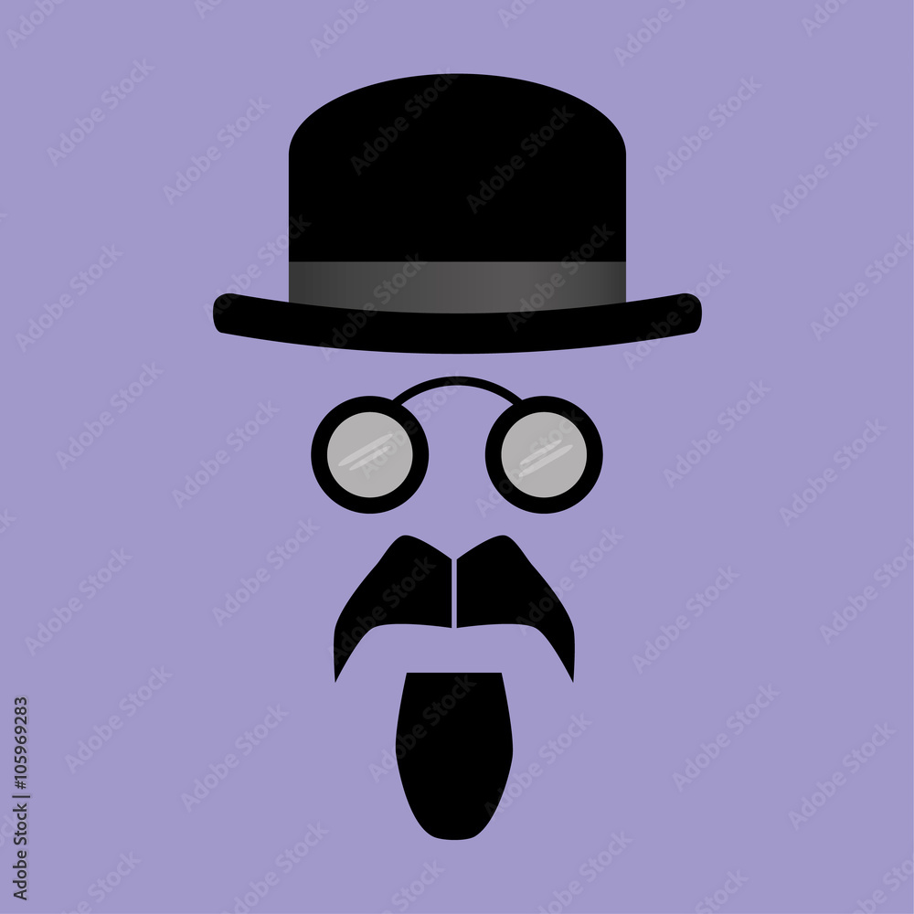 Facial features of a goatee beard and vintage spectacles beneath a bowler hat
