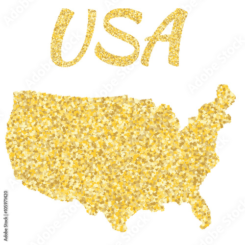 Map of USA in golden. With gold yellow particles and dots. Glitter background.