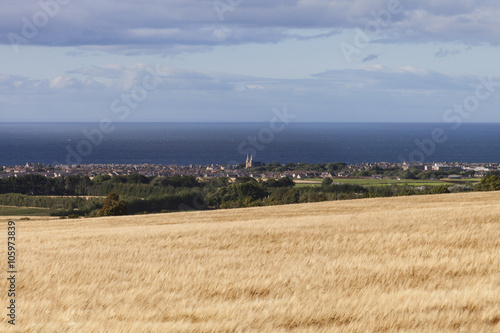 Buckie, Scotland, with a field of barley in the foreground. On the horizon of the Moray Firth can be seen the Beatrice Oil Field  and the Beatrice Wind Farm (when viewed at 100%)