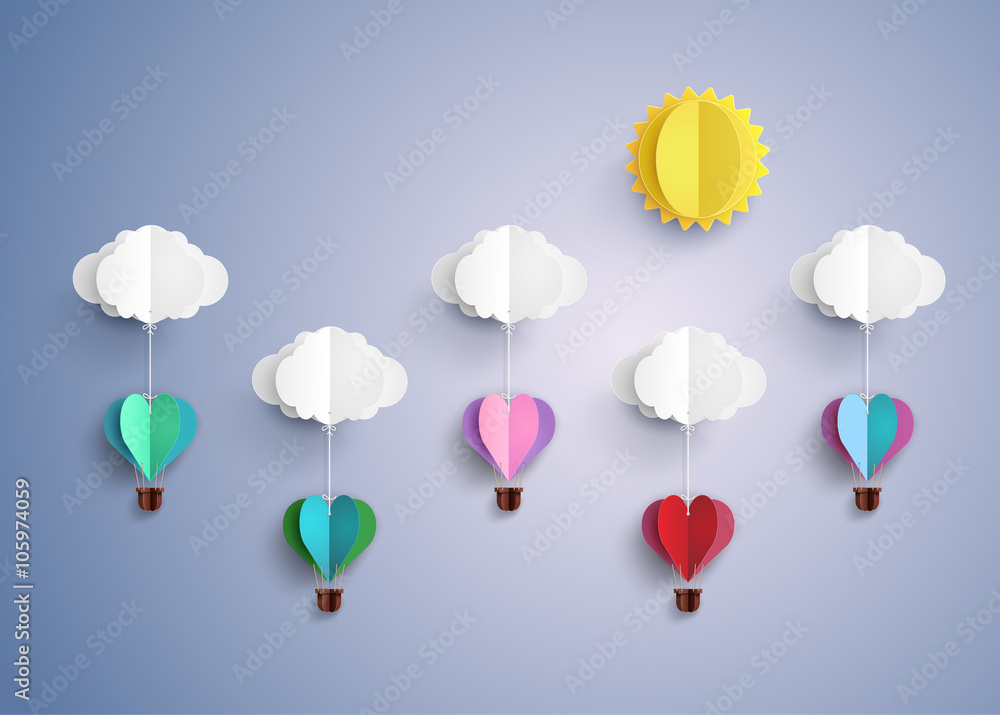 Obraz premium Minimal Paper Cut Hot Air Balloons with Clouds