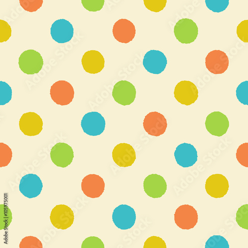 Rough polka dot vector seamless pattern. Seamless retro polka dot pattern with uneven orange, yellow, green and blue circles on a light beige background, vector EPS8.