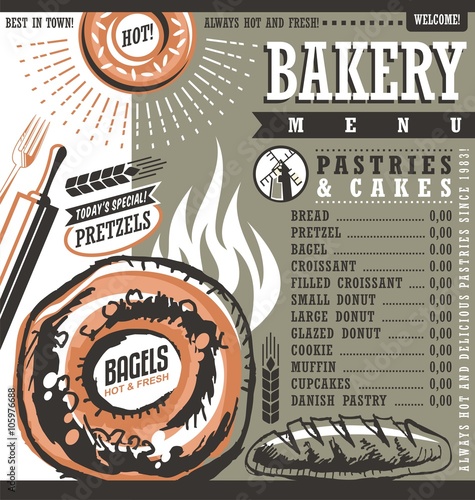 Bakery shop retro vector price list or menu design layout