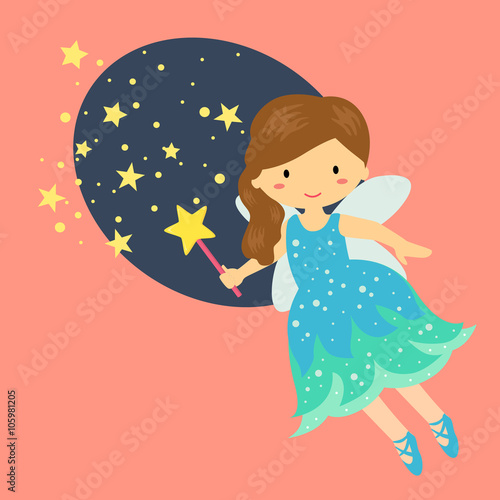 Illustration of Cute Little Blue Fairy with Wand and Stardust Flying in Pink Background.