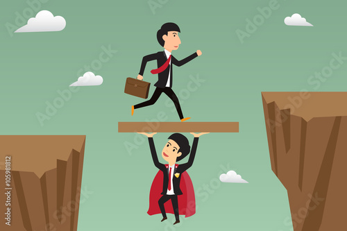 businessman jump through the gap supported by super businessman.