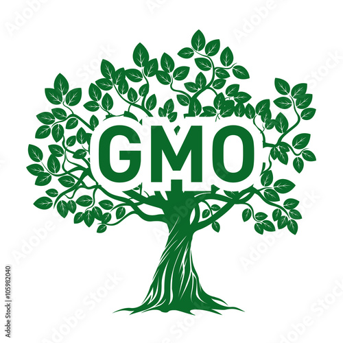Green Apple Tree and GMO. Vector Illustration.