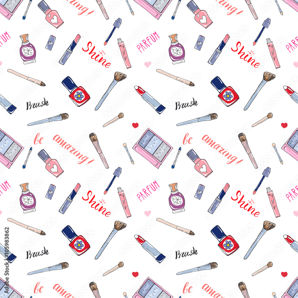 Hand drawn collection of make up, cosmetics and beauty items seamless pattern, with lipstick brush parfume and lettering vector illustration isolated Hand drawn collection of make up, cosmetics and beauty items seamless pattern, with lipstick brush parfume and lettering vector illustration isolated