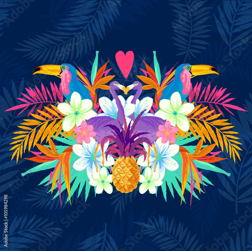 Vivid Tropical Love. Tropic elements including, Palms, Toucans, Bird of paradise flowers and pineapples.