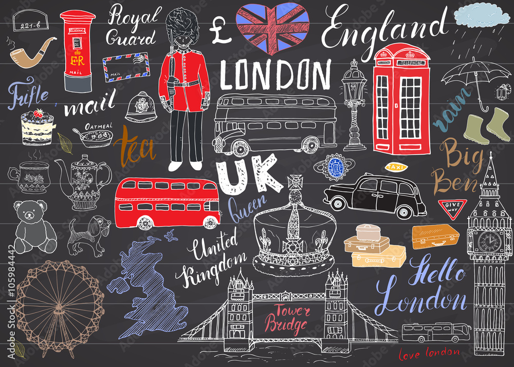 Naklejka premium Londyńskie miasto doodles elementy kolekcji. Ręcznie rysowane zestaw z, tower bridge, korony, big Bena, gwardii królewskiej, czerwony autobus, mapa Wielkiej Brytanii i flaga, dzbanek do herbaty, napis, ilustracji wektorowych na tablicy
