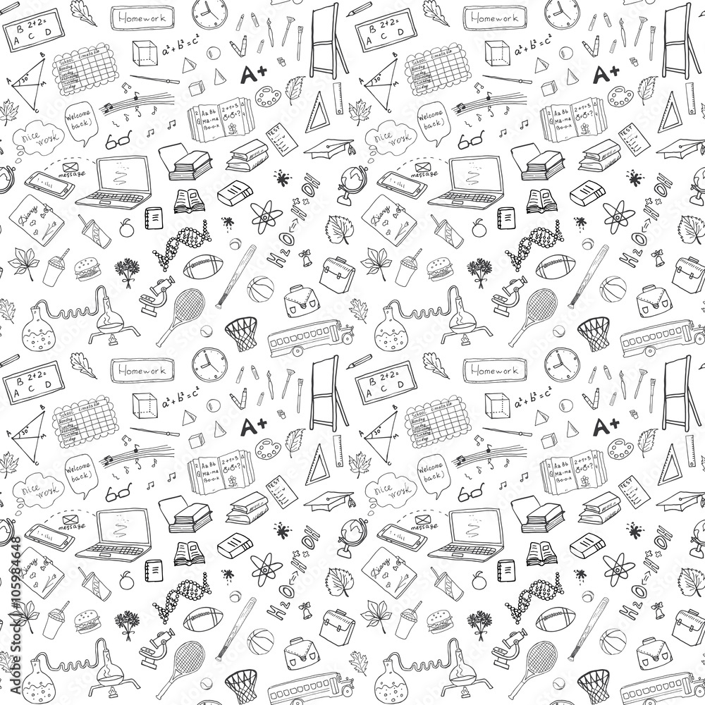 Back to School seamless pattern with Hand-Drawn Doodles. sketch element background Vector Illustration