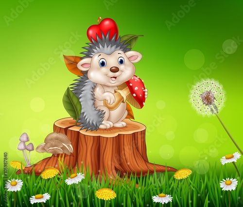 Cartoon funny hedgehog sitting on tree stump 