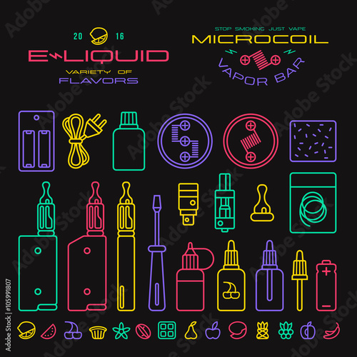 Vape labels, e-cigarette and fruit flavor icons